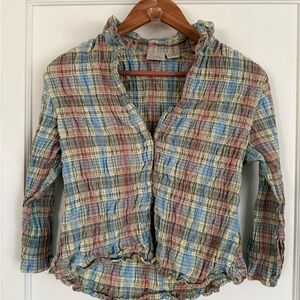Plaid Lightweight Ruffled Button-Front Shirt - Pastel Multi